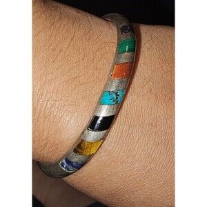 Vintage Multi Stone Inlay 925 Silver Hinged Bangle Bracelet